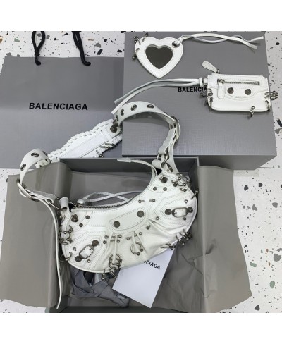 BALENCIAGA WOMEN'S LE CAGOLE XS SHOULDER BAG WITH PIERCINGS IN OPTIC WHITE