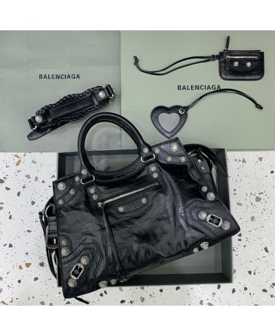 BALENCIAGA WOMEN'S NEO CAGOLE CITY HANDBAG WITH RHINESTONES IN BLACK