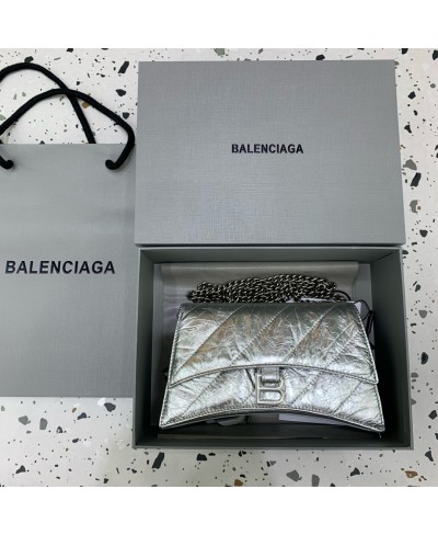 BALENCIAGA WOMEN'S CRUSH XS CHAIN BAG METALLIZED QUILTED IN SILVER