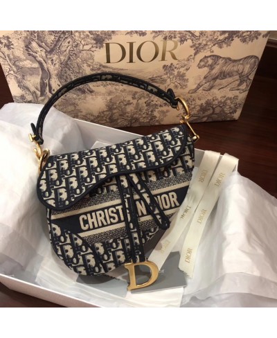 CHRISTIAN DIOR BLUE SADDLE ORIGINAL DIOR OBLIQUE EMBROIDERED CANVAS BAG