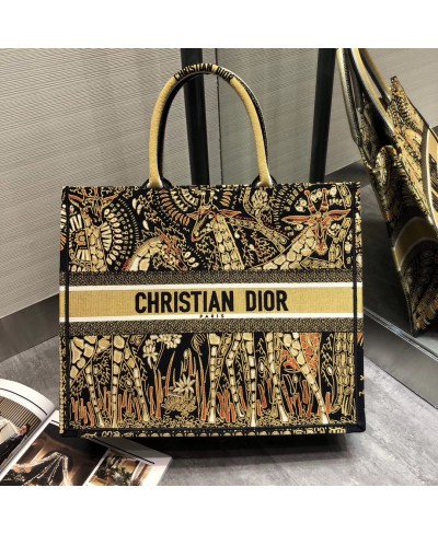 CHRISTIAN DIOR YELLOW AND BLACK DIOR BOOK TOTE DIOR ANIMALS EMBROIDERED CANVAS BAG