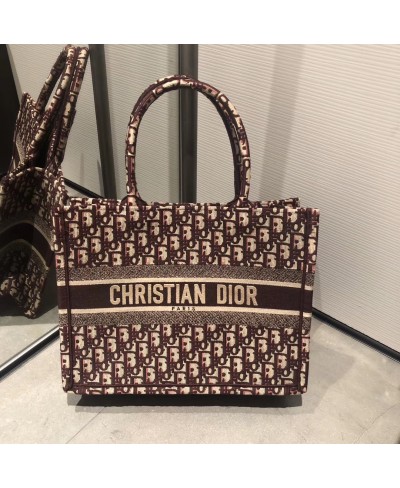 CHRISTIAN DIOR SMALL BURGUNDY DIOR OBLIQUE EMBROIDERED DIOR BOOK TOTE