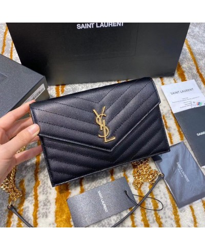 SAINT LAURENT ENVELOPE CHAIN WALLET IN GRAIN DE POUDRE EMBOSSED LEATHER