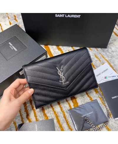 SAINT LAURENT ENVELOPE CHAIN WALLET IN GRAIN DE POUDRE EMBOSSED LEATHER