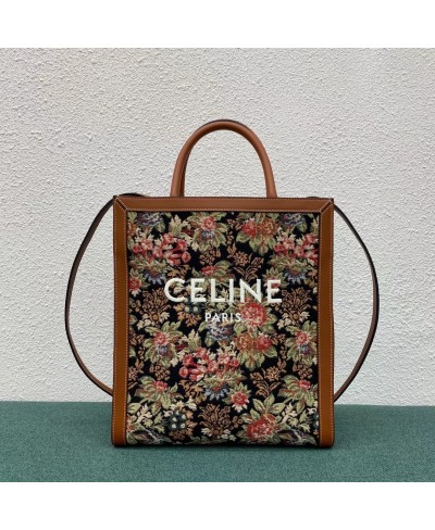 CELINE SMALL VERTICAL CABAS CELINE IN FLORAL JACQUARD AND CALFSKIN