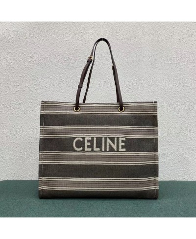 BORSA CABAS CELINE SQUADRATA IN JACQUARD CON MOTIVO A RIGHE E PELLE DI VITELLO CELINE