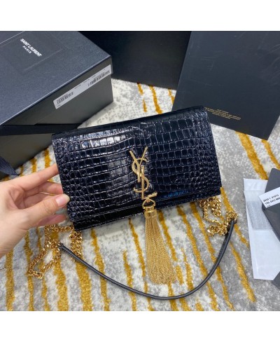 SAINT LAURENT KATE CHAIN WALLET WITH TASSEL IN CROCODILE-EMBOSSED SHINY LEATHER (ORIGINAL LEATHER)