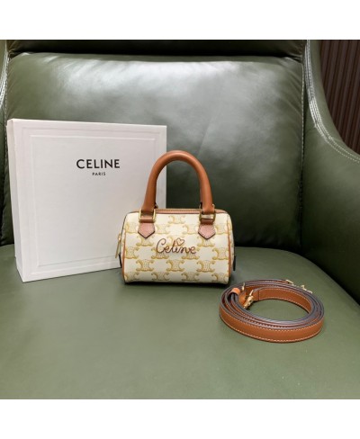 CELINE MINI BOSTON BAG IN TRIOMPHE CANVAS WITH CELINE CURSIVE