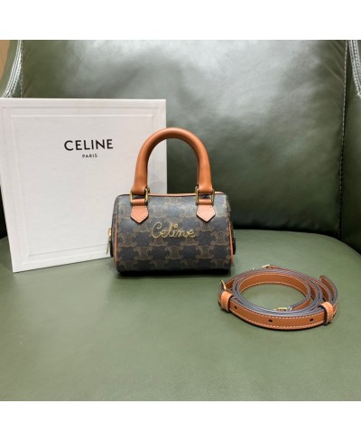 CELINE MINI BOSTON BAG IN TRIOMPHE CANVAS WITH CELINE CURSIVE